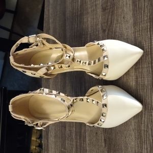 Cream Studded Heels with Buckle Ankle Straps, Size 7